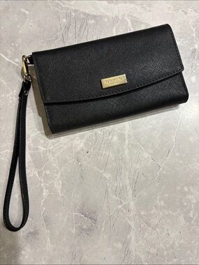 kate spade Black Textured Wristlet Clutch with Gold Plaque